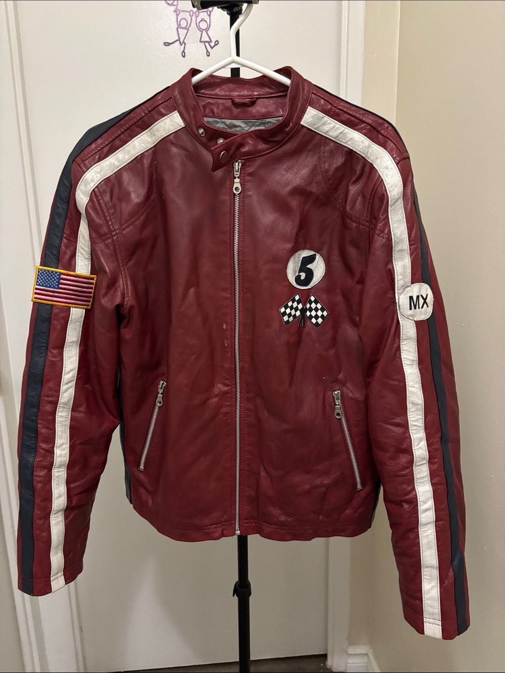Urban Behavior Men's Burgundy Racing Leather Bomber Jacket with White Stripes
